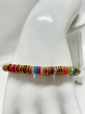 Gold And Multicolored Glass Beaded Bracelet, 7” - 9”
